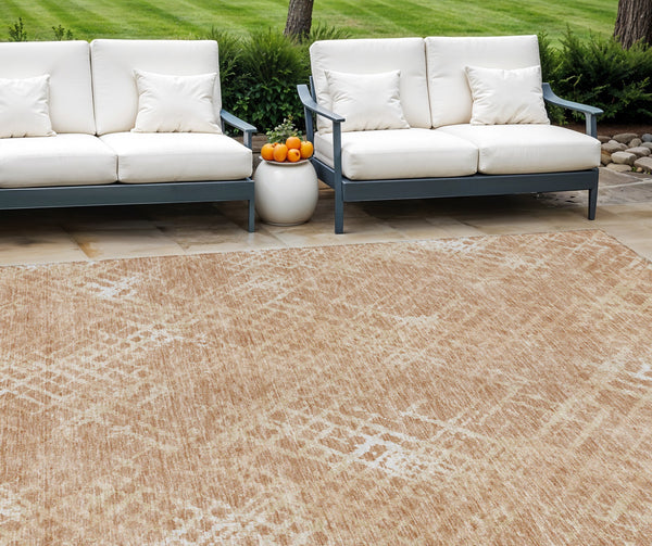 Homeroots 3' Stylish Beige Tan And Ivory Geometric Washable Area Rug For Indoor And Outdoor Spaces 9' X 12' Polyester 588302