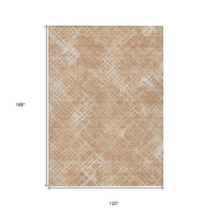 Homeroots 3' Stylish Beige Tan And Ivory Geometric Washable Area Rug For Indoor And Outdoor Spaces 10' X 14' Polyester 588303
