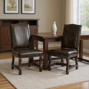 HomeRoots Set of Two Elegant Dark Brown Leather & Solid Wood Dining Side Chairs for Stylish Comfort 588328