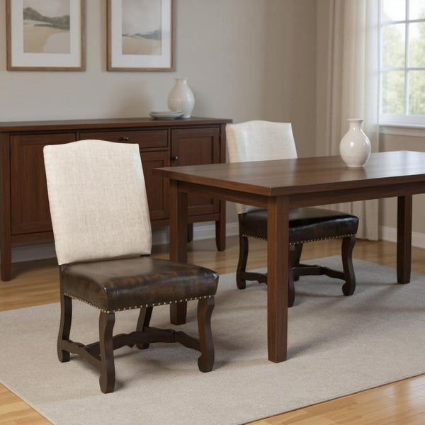 HomeRoots Set of Two Elegant Linen and Leather Upholstered Dining Chairs in Cream and Brown for Versatile Style 588329