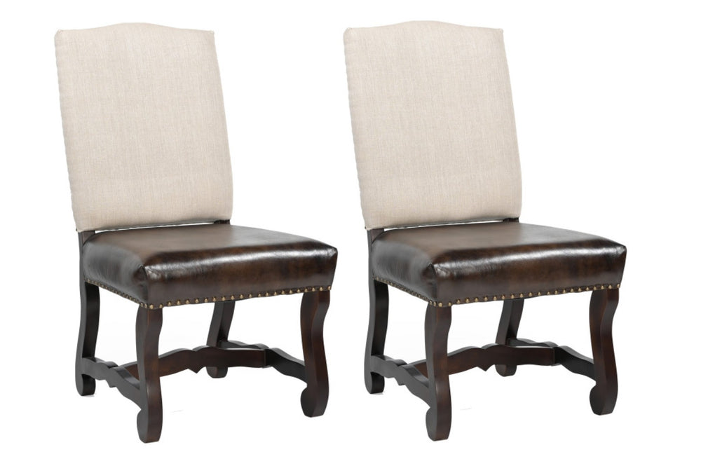 HomeRoots Set of Two Elegant Linen and Leather Upholstered Dining Chairs in Cream and Brown for Versatile Style 588329