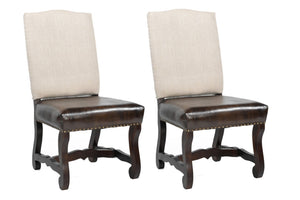HomeRoots Set of Two Elegant Linen and Leather Upholstered Dining Chairs in Cream and Brown for Versatile Style 588329