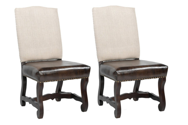 HomeRoots Set of Two Elegant Linen and Leather Upholstered Dining Chairs in Cream and Brown for Versatile Style 588329