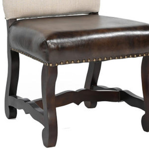 HomeRoots Set of Two Elegant Linen and Leather Upholstered Dining Chairs in Cream and Brown for Versatile Style 588329