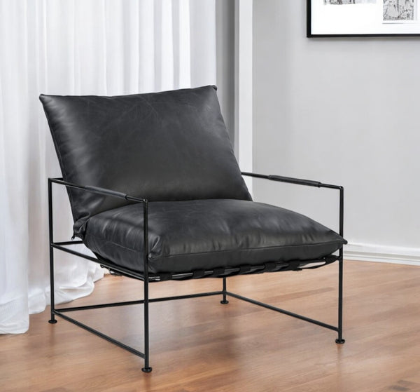 Homeroots 28" Black Genuine Leather Distressed Arm Chair - Stylish Comfort For Living Room Or Office Spaces   588331