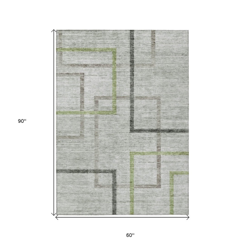 HomeRoots 5' Modern Geometric Area Rug in Green and Charcoal - Stylish, Washable, Durable for Indoor & Outdoor Use 5' X 8' 588333