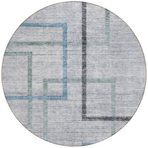 HomeRoots 5' Stylish Gray Charcoal and Blue Geometric Area Rug - Durable, Washable for Indoor & Outdoor Use 8' Round 588340