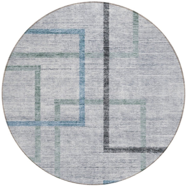 HomeRoots 5' Stylish Gray Charcoal and Blue Geometric Area Rug - Durable, Washable for Indoor & Outdoor Use 8' Round 588340