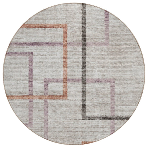 HomeRoots 5' Geometric Taupe Charcoal and Copper Washable Area Rug for Indoor and Outdoor Spaces, Durable Design 8' Round 588346