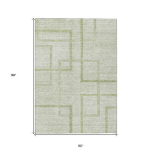 Homeroots 3' Artichoke Green Geometric Washable Area Rug - Stylish Indoor/Outdoor Accent For Any Space 5' X 8' Polyester 588389