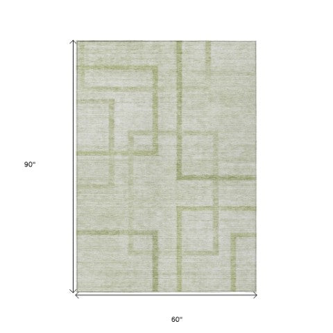 Homeroots 3' Artichoke Green Geometric Washable Area Rug - Stylish Indoor/Outdoor Accent For Any Space 5' X 8' Polyester 588389