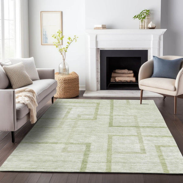 Homeroots 3' Artichoke Green Geometric Washable Area Rug - Stylish Indoor/Outdoor Accent For Any Space 9' X 12' Polyester 588392