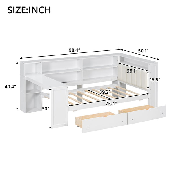 English Elm Wood Twin Size Platform Bed With Drawers, Charging Station, Led Light, Desk, & Upholstered Headboard N7090001046K-GIGA