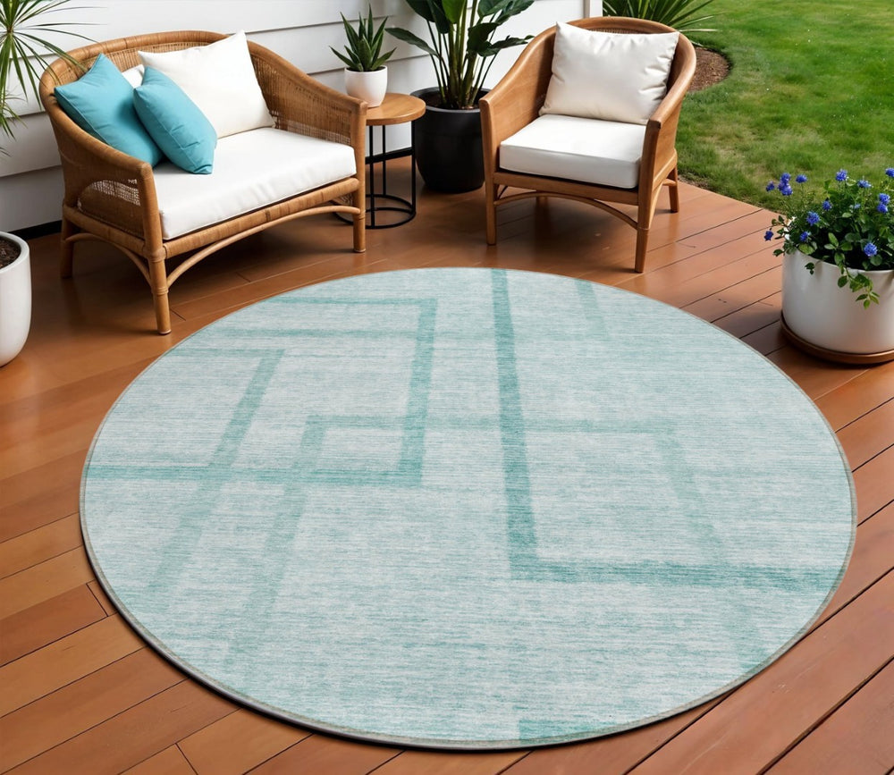 HomeRoots 5' Vibrant Teal Blue Aqua Geometric Area Rug – Durable, Washable for Indoor & Outdoor Spaces! 8' Round 588422