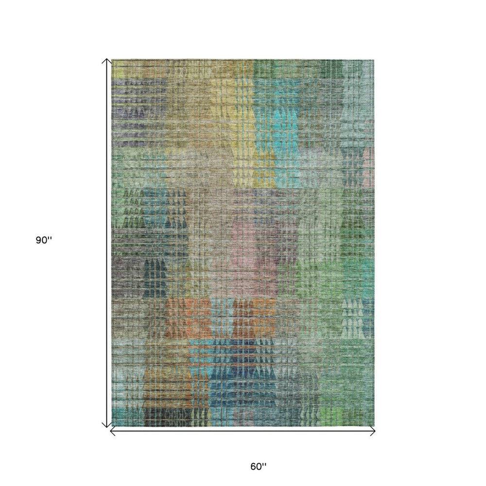 HomeRoots 5' Abstract Area Rug in Green, Gold, and Teal Blue - Stylish, Washable, Durable for Indoor/Outdoor Use 5' X 8' 588427
