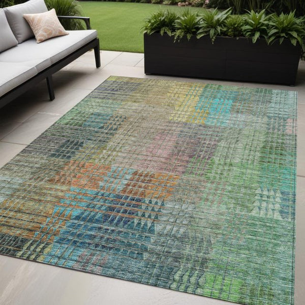 Homeroots 3' Abstract Washable Indoor Outdoor Area Rug In Green, Gold, And Teal – Stylish & Durable Decor 5' X 8' Polyester 588427