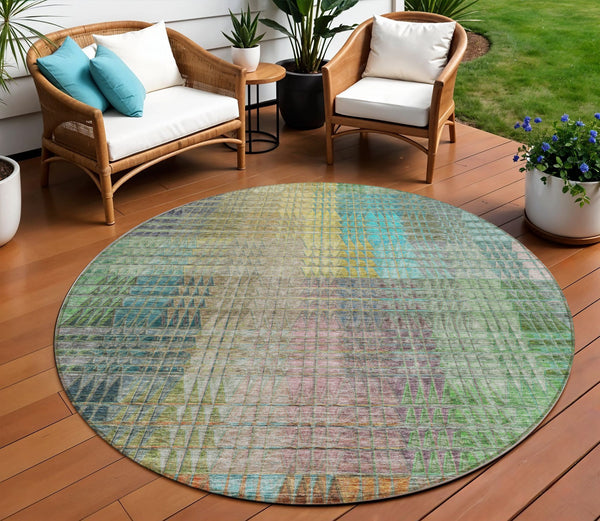 Homeroots 3' Abstract Washable Indoor Outdoor Area Rug In Green, Gold, And Teal – Stylish & Durable Decor 8' Round Polyester 588428