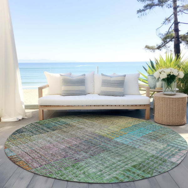 Homeroots 3' Abstract Washable Indoor Outdoor Area Rug In Green, Gold, And Teal – Stylish & Durable Decor 8' Round Polyester 588428