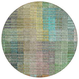 HomeRoots 5' Abstract Area Rug in Green, Gold, and Teal Blue - Stylish, Washable, Durable for Indoor/Outdoor Use 8' Round 588428
