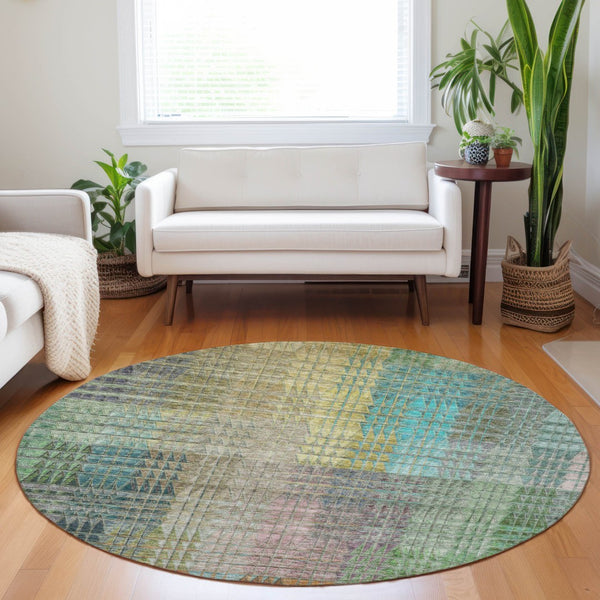 Homeroots 3' Abstract Washable Indoor Outdoor Area Rug In Green, Gold, And Teal – Stylish & Durable Decor 8' Round Polyester 588428