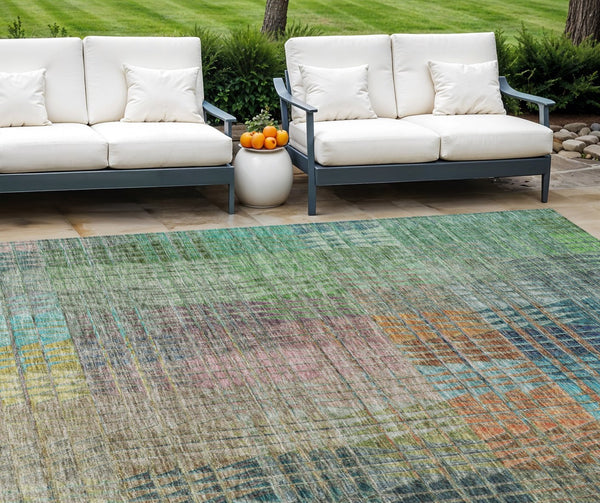 Homeroots 3' Abstract Washable Indoor Outdoor Area Rug In Green, Gold, And Teal – Stylish & Durable Decor 10' X 14' Polyester 588431