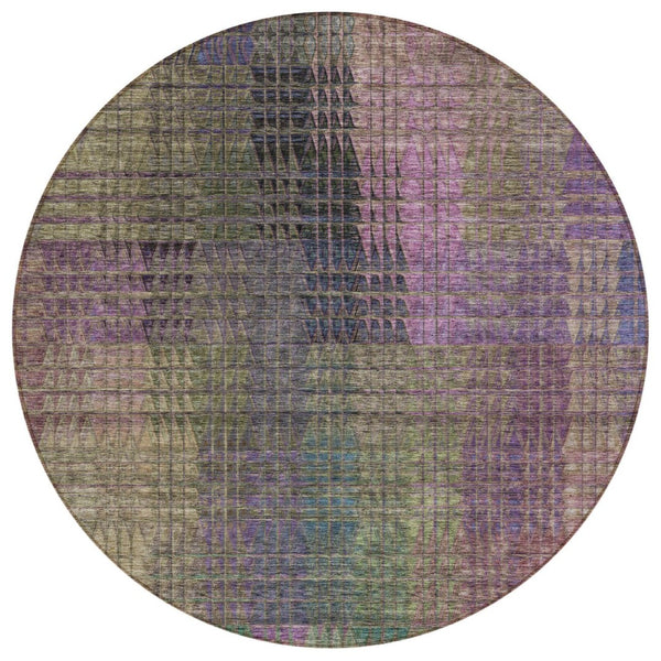 HomeRoots 5' Modern Abstract Indoor Outdoor Area Rug in Plum, Olive Green & Lavender - Durable & Washable 8' Round 588434