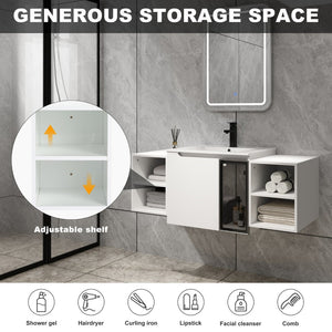 English Elm 48" Floating Bathroom Vanity with Ceramic Sink Soft Close Doors and Grey Glass Panel W999S00529