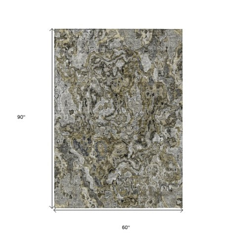 Homeroots 3' Beige Tan And Taupe Abstract Washable Area Rug For Indoor And Outdoor Spaces, Durable Design 5' X 8' Polyester 588451