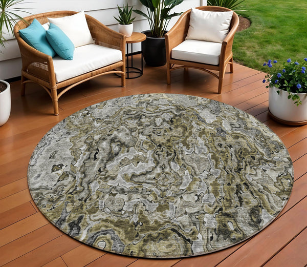 Homeroots 3' Beige Tan And Taupe Abstract Washable Area Rug For Indoor And Outdoor Spaces, Durable Design 8' Round Polyester 588452