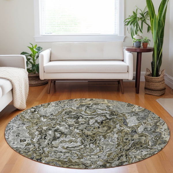 Homeroots 3' Beige Tan And Taupe Abstract Washable Area Rug For Indoor And Outdoor Spaces, Durable Design 8' Round Polyester 588452