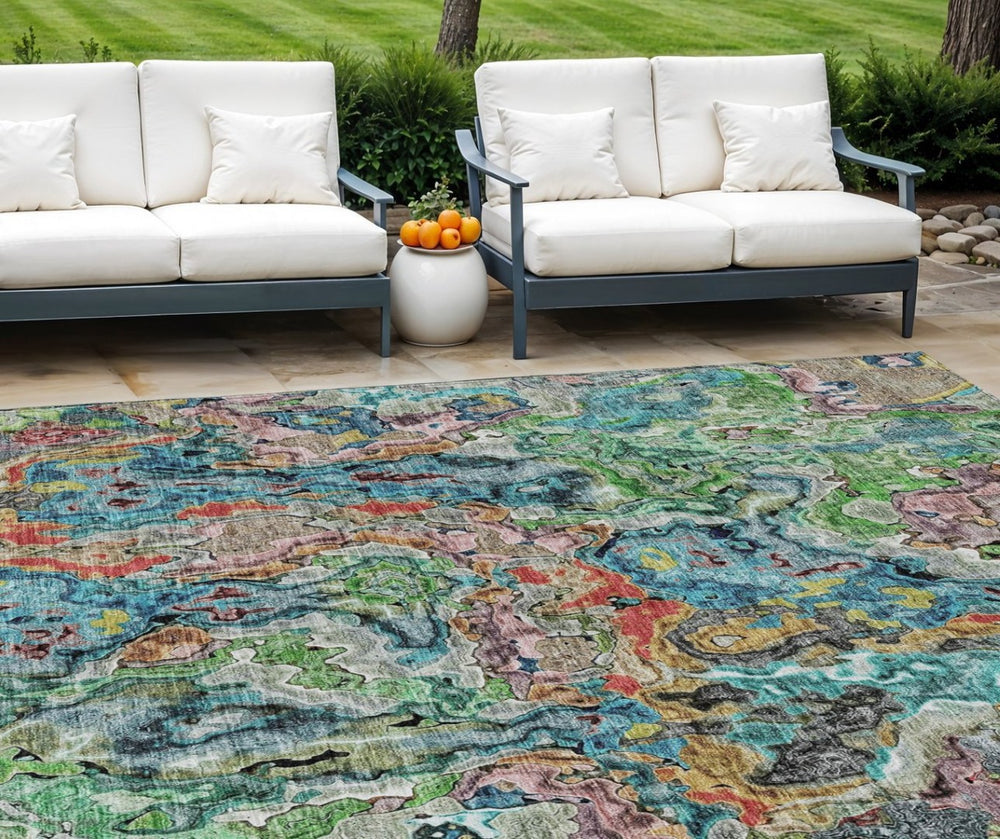 HomeRoots 9' Abstract Orange and Teal Blue Washable Area Rug for Indoor and Outdoor Use – Durable & Stylish 9' X 12' 588460