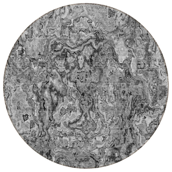 HomeRoots 5' Modern Abstract Gray Charcoal and Silver Washable Area Rug for Indoor and Outdoor Spaces 8' Round 588470