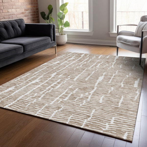 HomeRoots 5' Brown and Ivory Abstract Washable Area Rug – Perfect for Indoor Comfort and Outdoor Durability! 8' X 10' 588501