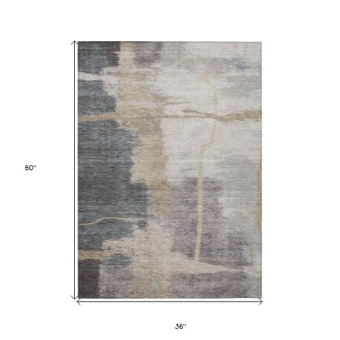 Homeroots 3' Gray Charcoal And Beige Abstract Washable Area Rug For Indoor And Outdoor Spaces, Easy Care 3' X 5' Polyester 588522