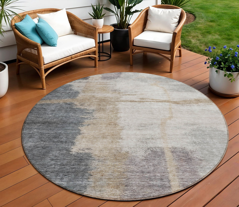 Homeroots 3' Gray Charcoal And Beige Abstract Washable Area Rug For Indoor And Outdoor Spaces, Easy Care 8' Round Polyester 588524
