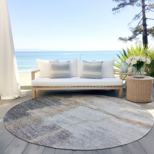 Homeroots 3' Gray Charcoal And Beige Abstract Washable Area Rug For Indoor And Outdoor Spaces, Easy Care 8' Round Polyester 588524