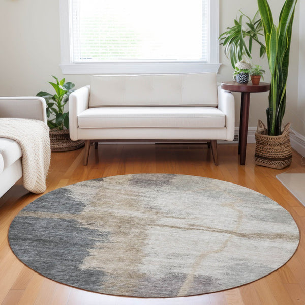 Homeroots 3' Gray Charcoal And Beige Abstract Washable Area Rug For Indoor And Outdoor Spaces, Easy Care 8' Round Polyester 588524