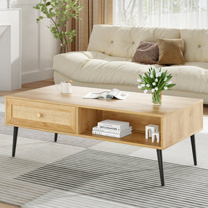 English Elm Mid-Century 47" Rectangular Coffee Table with Rattan Drawer, Open Shelf & Metal Legs for Living Room Natural T3623P380015