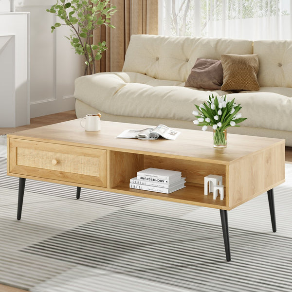 English Elm Mid-Century 47" Rectangular Coffee Table with Rattan Drawer, Open Shelf & Metal Legs for Living Room Natural T3623P380015