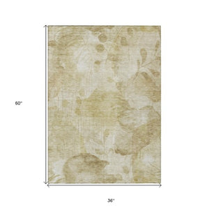 Homeroots 3' Charming Beige Tan And Ivory Floral Washable Area Rug For Indoor And Outdoor Spaces 3' X 5' Polyester 588528