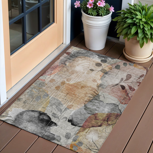 Homeroots 3' Charming Beige Tan And Ivory Floral Washable Area Rug For Indoor And Outdoor Spaces 3' X 5' Polyester 588534