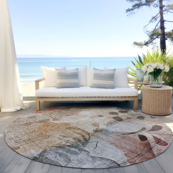 Homeroots 3' Charming Beige Tan And Ivory Floral Washable Area Rug For Indoor And Outdoor Spaces 8' Round Polyester 588536