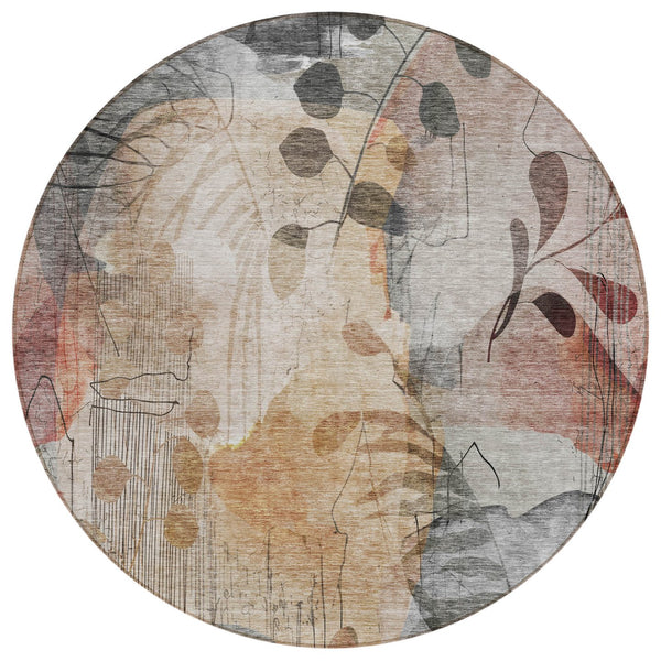 Homeroots 3' Charming Beige Tan And Ivory Floral Washable Area Rug For Indoor And Outdoor Spaces 8' Round Polyester 588536