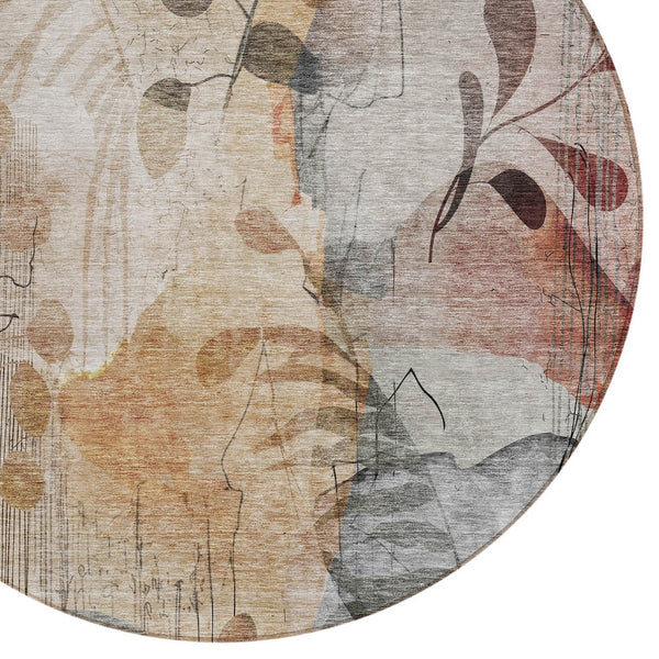 Homeroots 3' Charming Beige Tan And Ivory Floral Washable Area Rug For Indoor And Outdoor Spaces 8' Round Polyester 588536