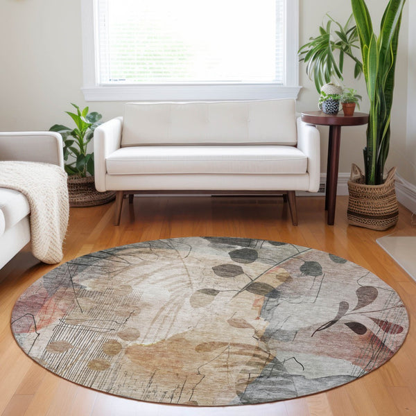 Homeroots 3' Charming Beige Tan And Ivory Floral Washable Area Rug For Indoor And Outdoor Spaces 8' Round Polyester 588536