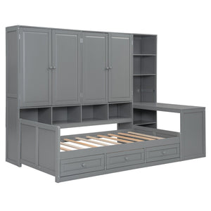 English Elm Twin Size Wooden Daybed With Integrated Desk, Storage Drawers, And Shelves - Stylish Gray Design! N820S00054E-GIGA