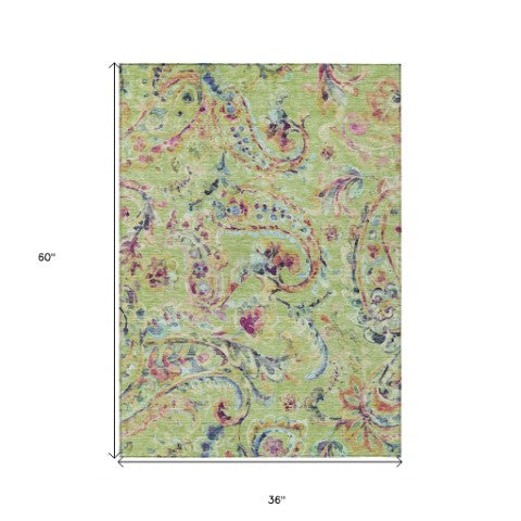 Homeroots 3' Artichoke Green And Pink Paisley Washable Area Rug - Perfect For Indoor And Outdoor Spaces! 3' X 5' Polyester 588588
