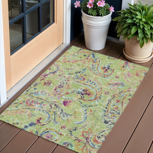 Homeroots 3' Artichoke Green And Pink Paisley Washable Area Rug - Perfect For Indoor And Outdoor Spaces! 3' X 5' Polyester 588588