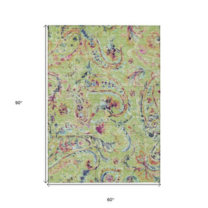 HomeRoots 5' Timeless Artichoke Green & Pink Paisley Area Rug - Durable, Washable Design for Indoor/Outdoor Use 5' X 8' 588589