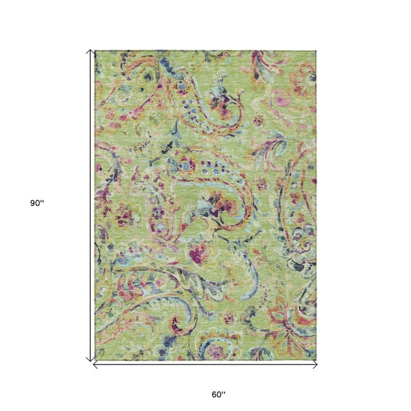 HomeRoots 5' Timeless Artichoke Green & Pink Paisley Area Rug - Durable, Washable Design for Indoor/Outdoor Use 5' X 8' 588589